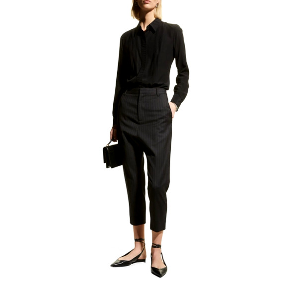 New! Nili Lotan 6 Wool Pinstripe Paris Pants $595 High Waist Drop Crotch Black - Picture 3 of 10
